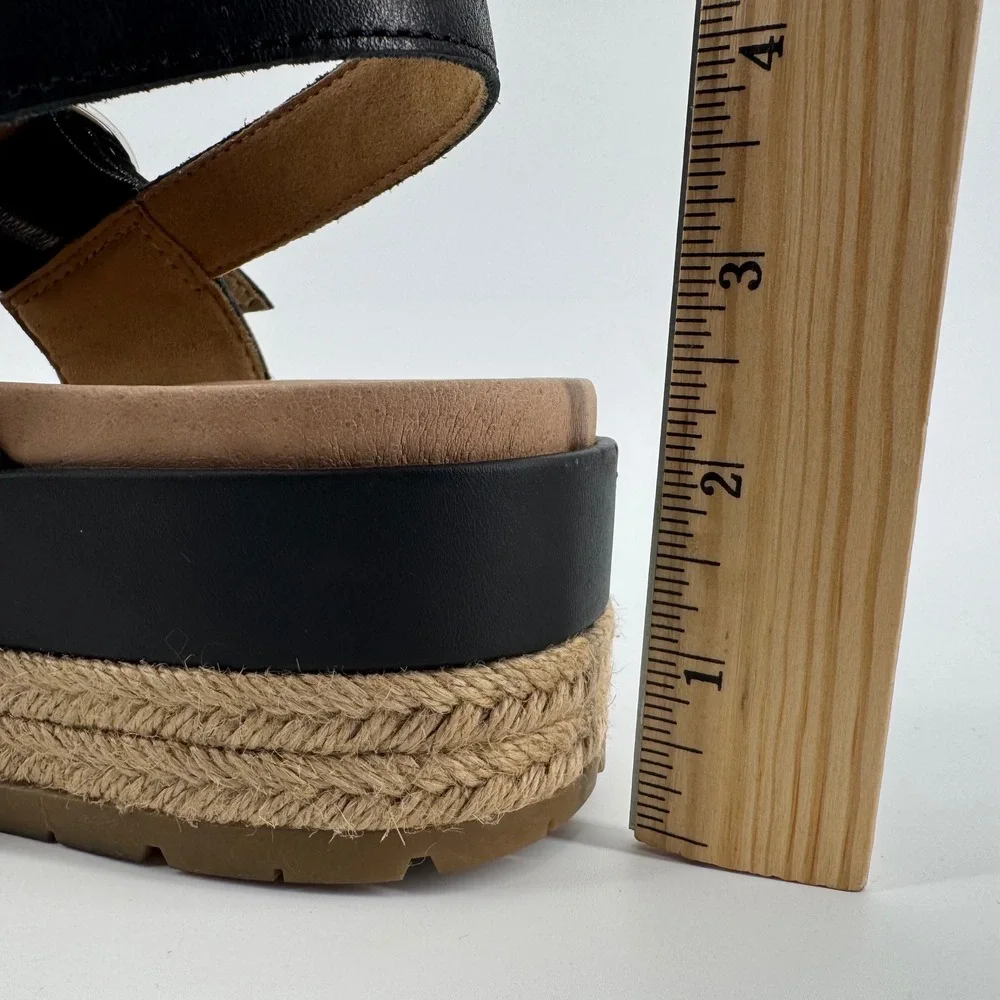 UGG April Platform Sandals Womens 12 Black‎ Leather Espadrille Buckle